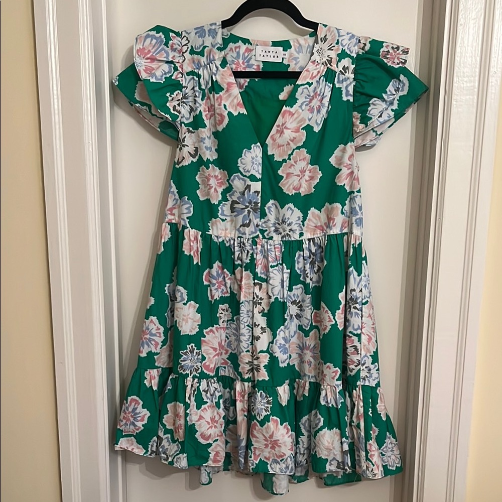 Tanya Taylor Marisol Ruffle-Sleeve Minidress in Chalk Floral Kelly XS